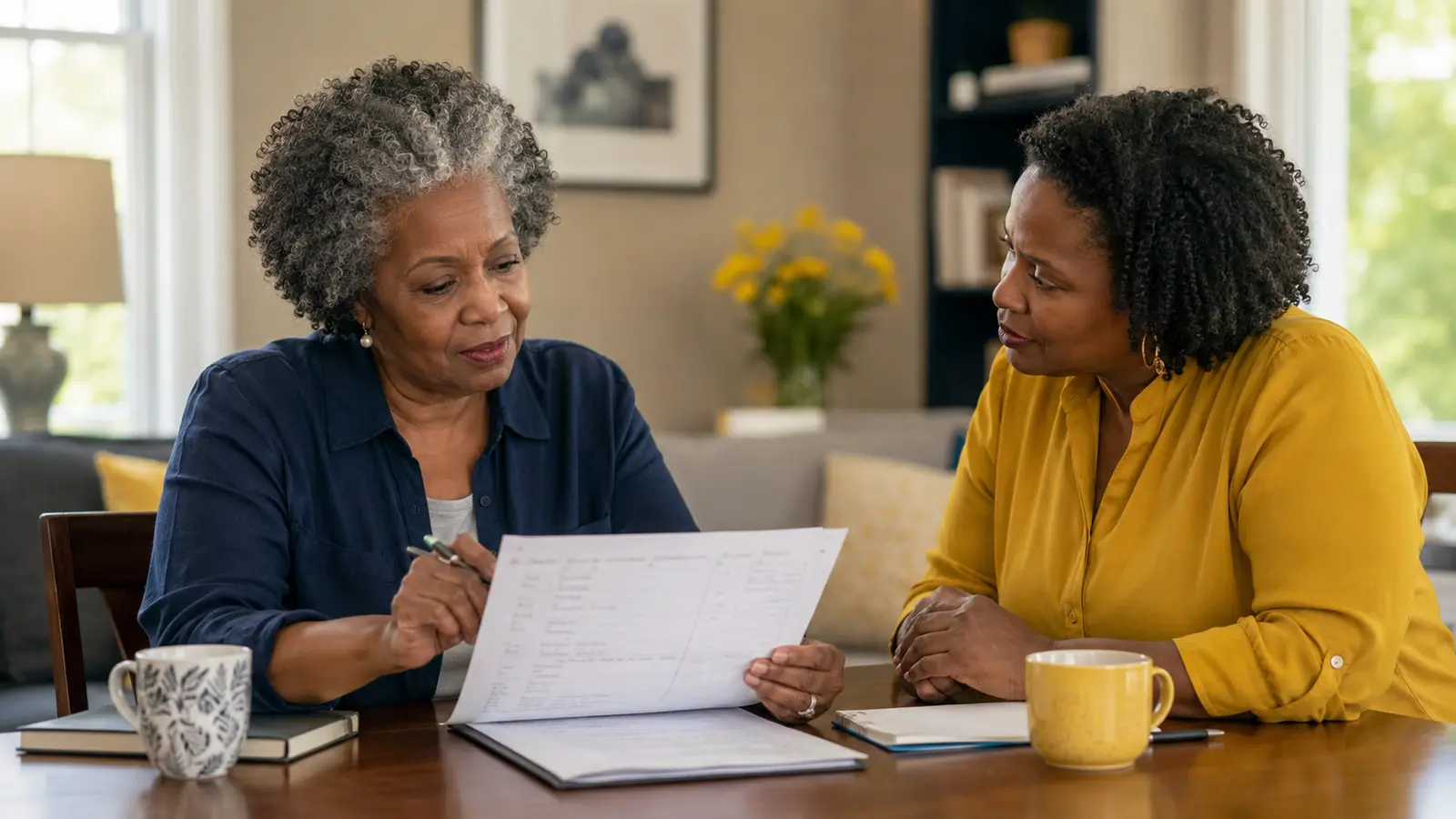 Two adults over 50 reviewing first-month business activity.