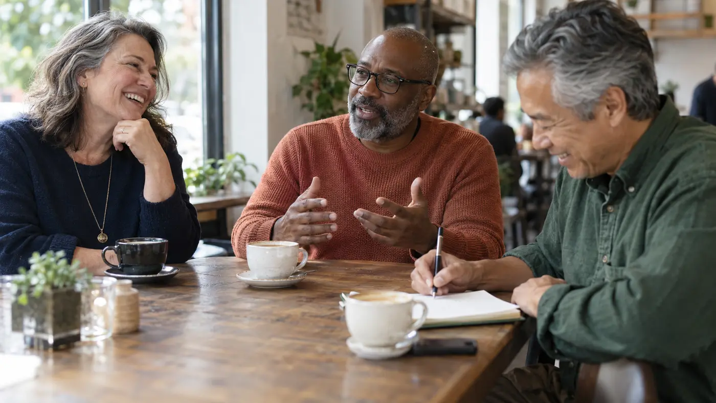 Two experienced adults having a relaxed conversation about work and priorities.