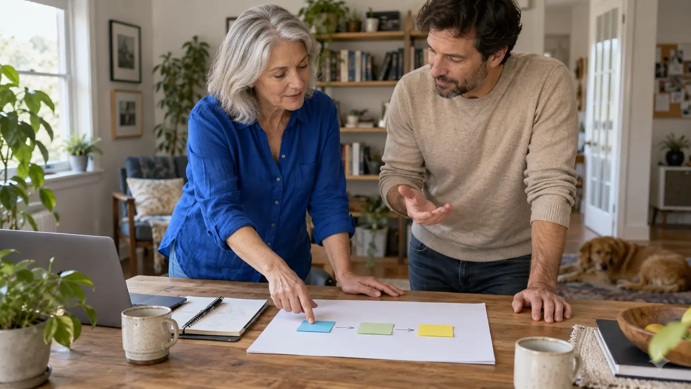 Experienced professional showing a simple project outline to a prospective customer.