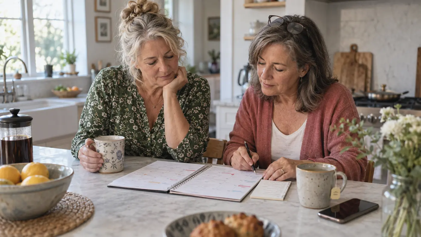Adult over 50 reviewing a short monthly plan with a trusted friend.