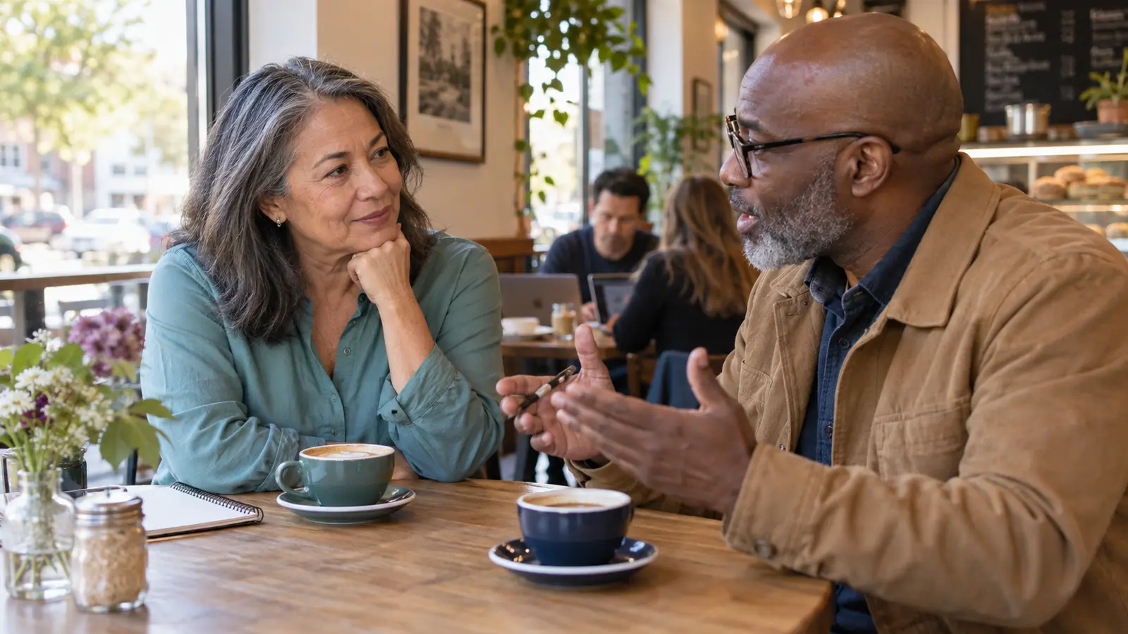 Two adults over 50 having a relaxed customer conversation in a neighborhood cafe.