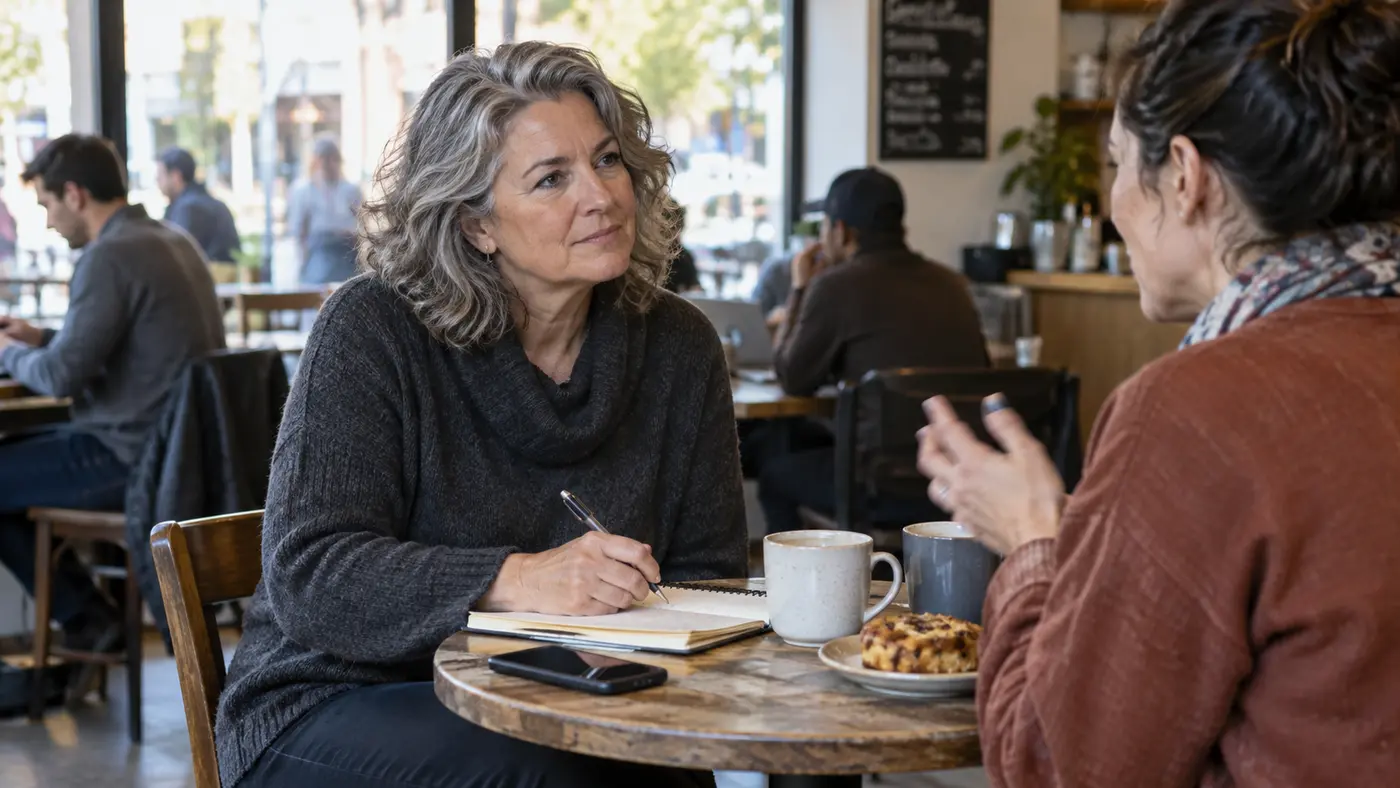 Experienced woman listening carefully and taking a few notes during a conversation.
