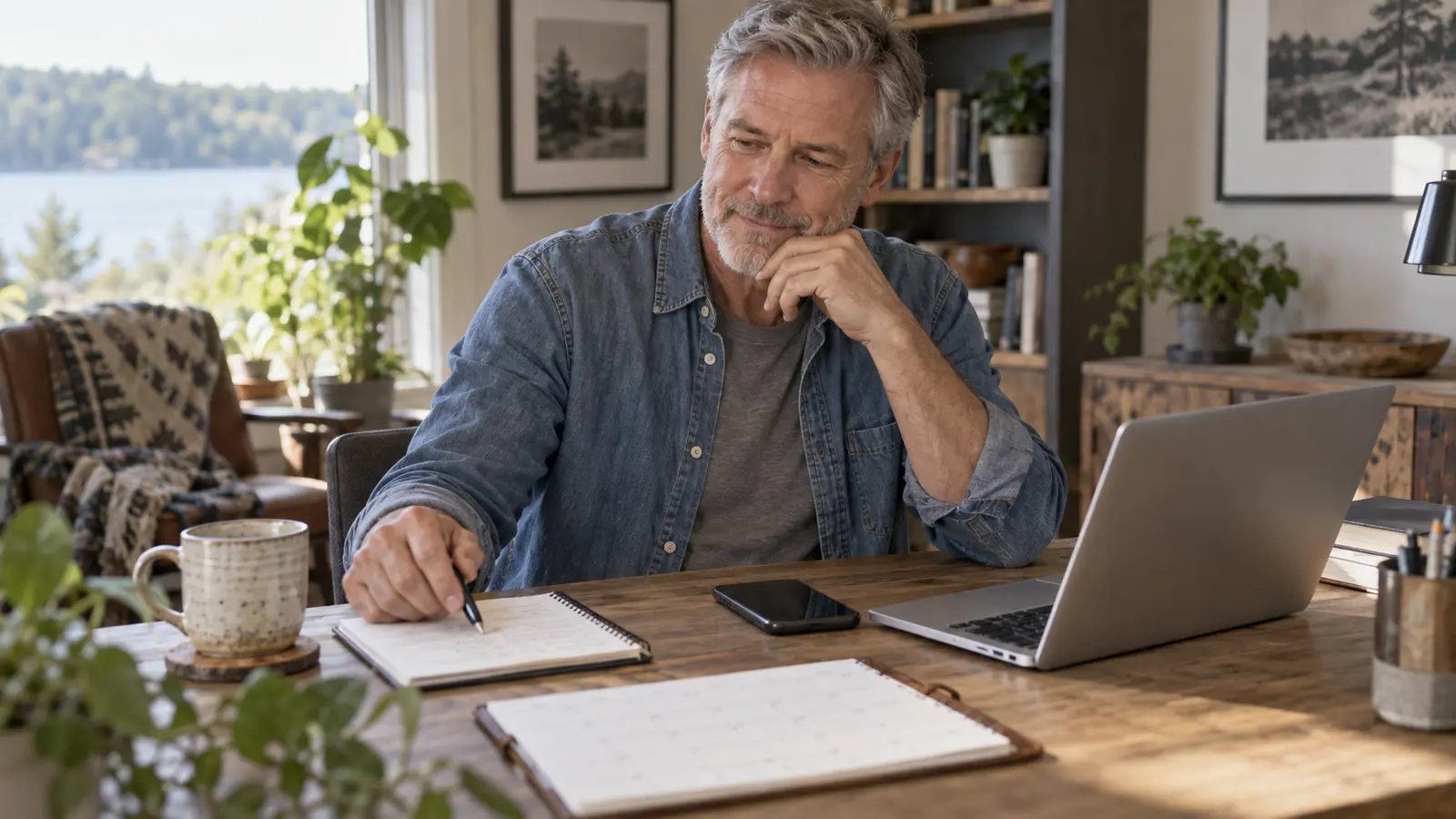 Adult over 50 choosing a few simple business tools at a comfortable home workspace.