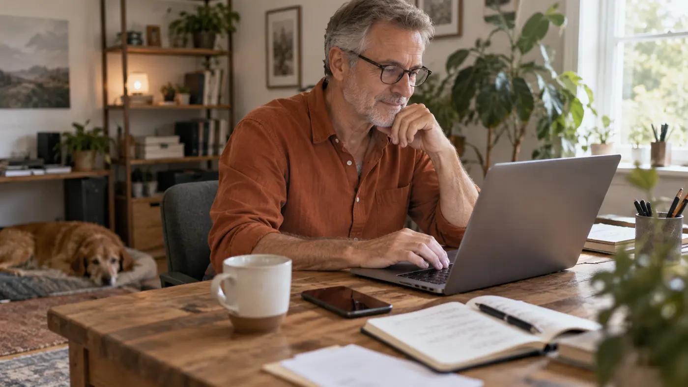 Small business owner using a laptop and phone to complete one practical task.